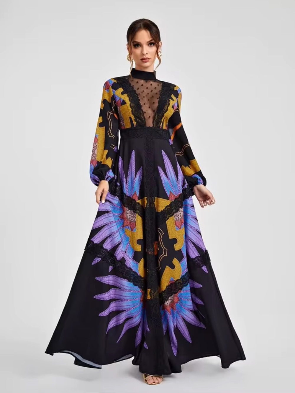 SHEIN X Frida Kahlo ISELACOS Boho Mesh Mock Neck Cutout Statement Maxi Dress L